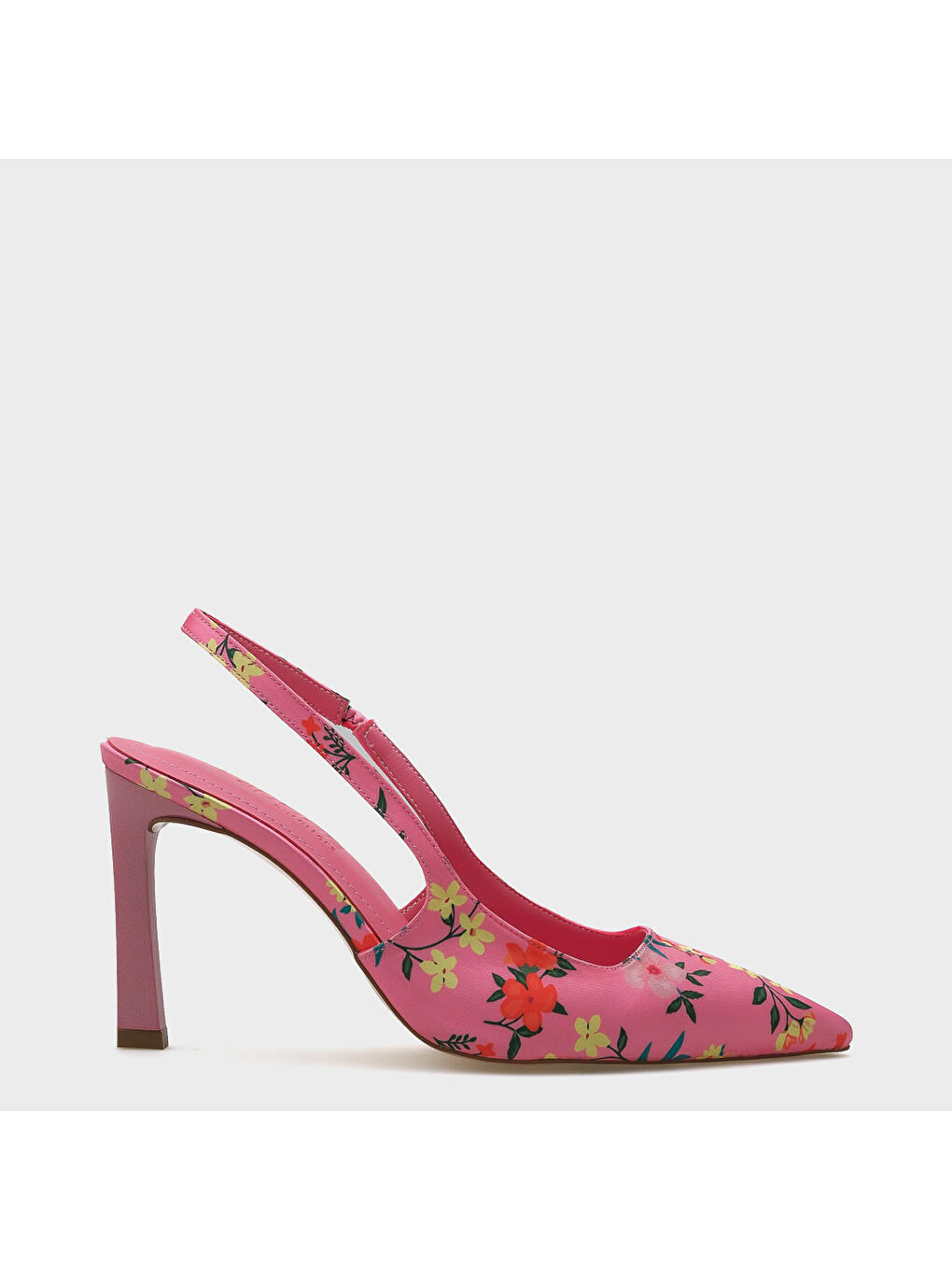 Fuşya Rebeca Arkası Açık Sivri Burunlu Yüksek Topuklu Çiçek Desenli Kadın Ayakkabı