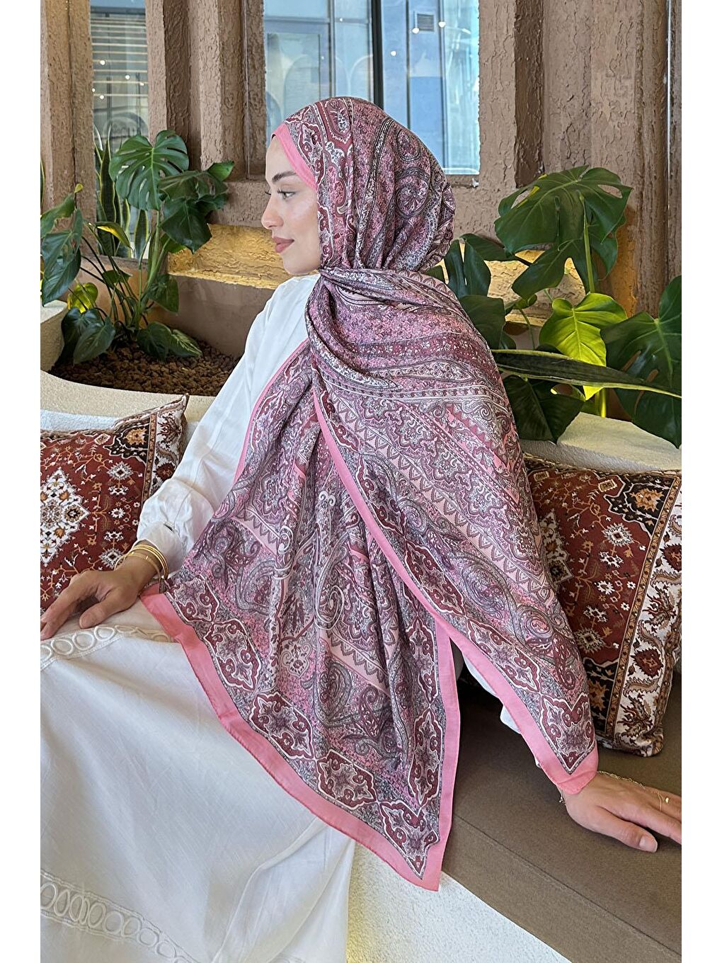 Retro Desen Pamuk Şal Şeker Pembesi-3