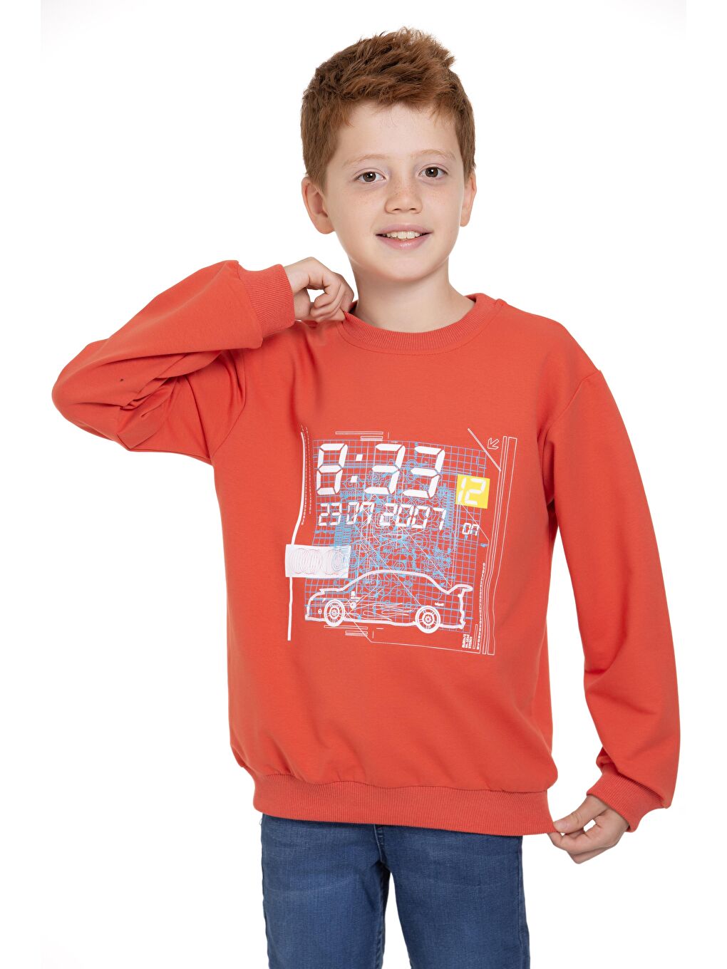 Zepkids Kahverengi Bisiklet Yaka Araba Baskılı Kiremit Renk Erkek Çocuk Sweatshirt - 3