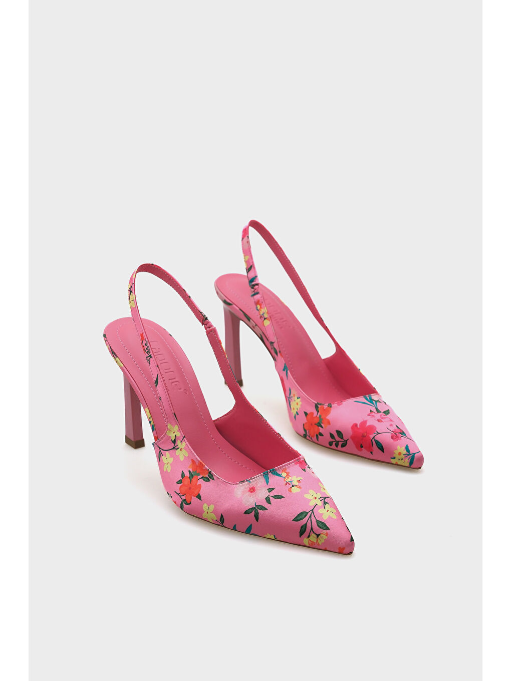 Fuşya Rebeca Arkası Açık Sivri Burunlu Yüksek Topuklu Çiçek Desenli Kadın Ayakkabı-1