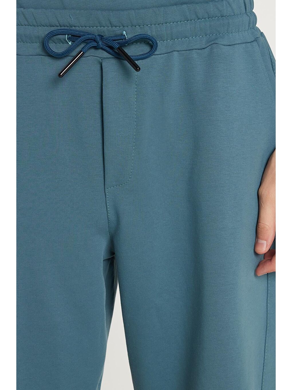 Petrol Erkek Standart Fit Normal Kesim Pamuklu Bisiklet Yaka Beli Bağcıklı İndigo Şort Takım-2