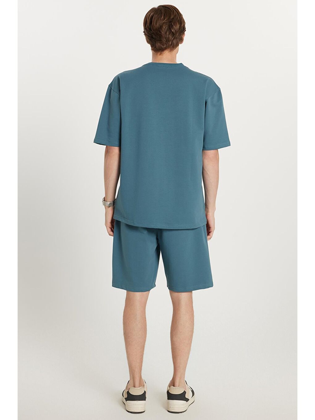 Petrol Erkek Standart Fit Normal Kesim Pamuklu Bisiklet Yaka Beli Bağcıklı İndigo Şort Takım-4