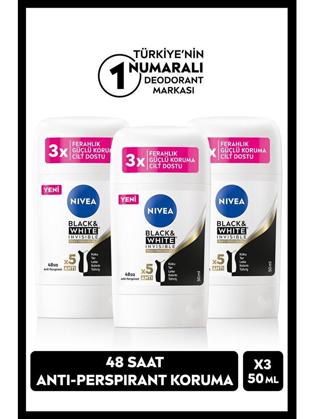 NIVEA Kadın Stick Deodorant Black&White 50ml, 48 Saat Koruma, X3 Adet