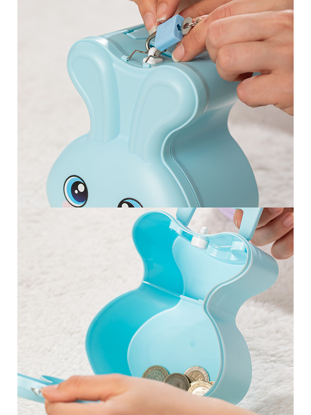 041-2 Pvc Anahtarlı Kilitli Gülenyüz Kumbara Mavi 12,5X15,5cm-2