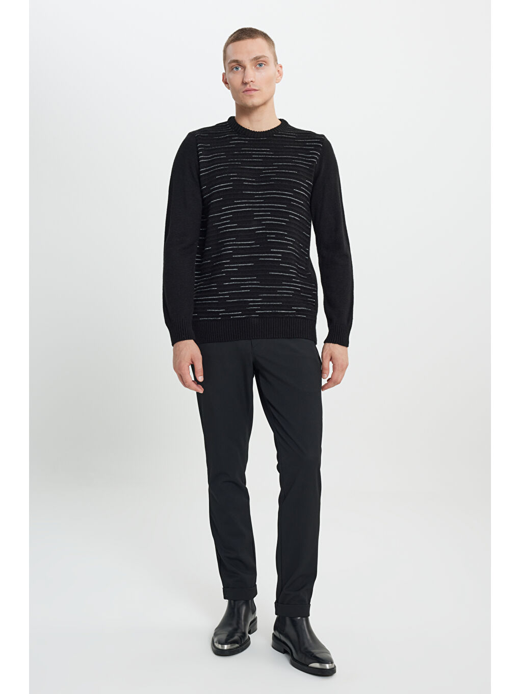 Erkek Siyah-Gri Melanj Standart Fit Normal Kesim Bisiklet Yaka Desenli Triko Kazak-1