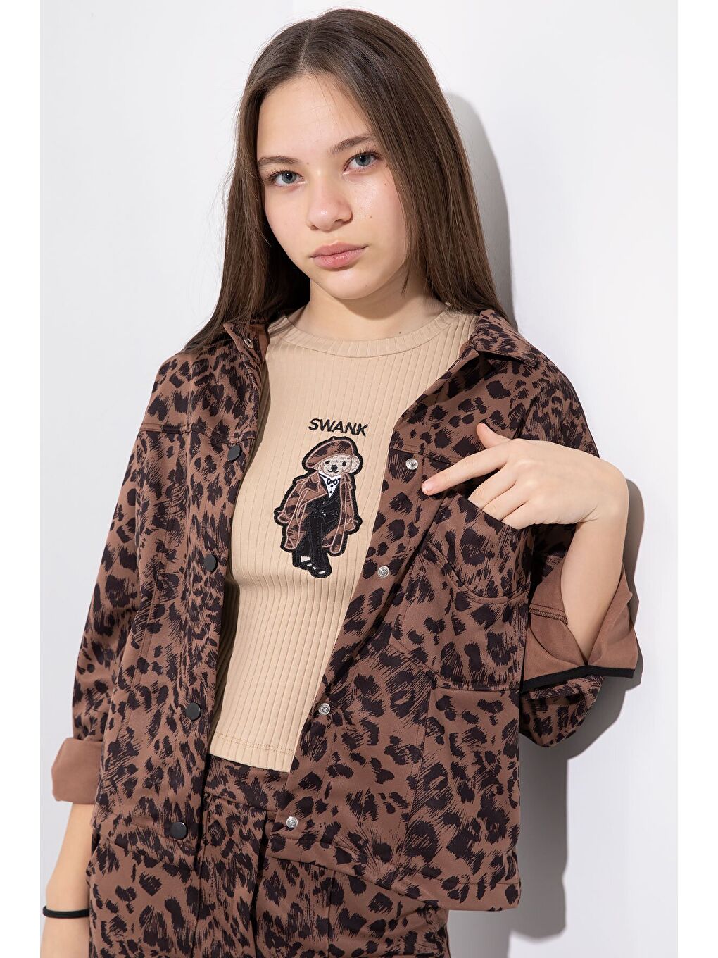 Kahverengi Taba Leopar Desenli Ceketli ve Pantolonlu Kız Çocuk Badili 3lü Takım 23550-3