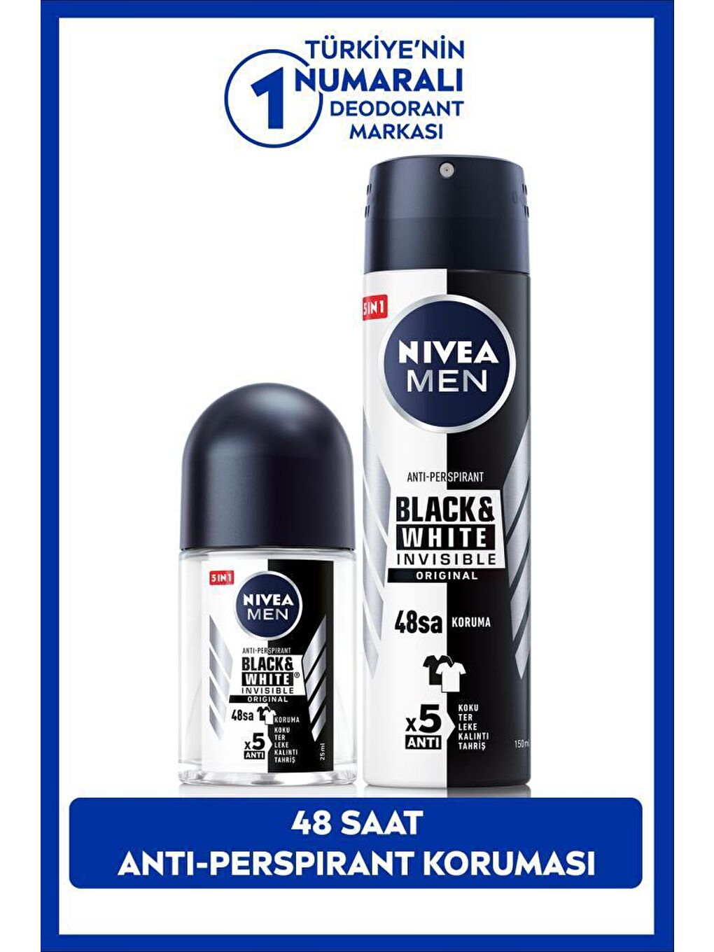 NIVEA Şeffaf MEN Erkek Sprey Deodorant Black&White 150ml ve Mini Roll-on Black&White 25ml, 48 Saat Koruma