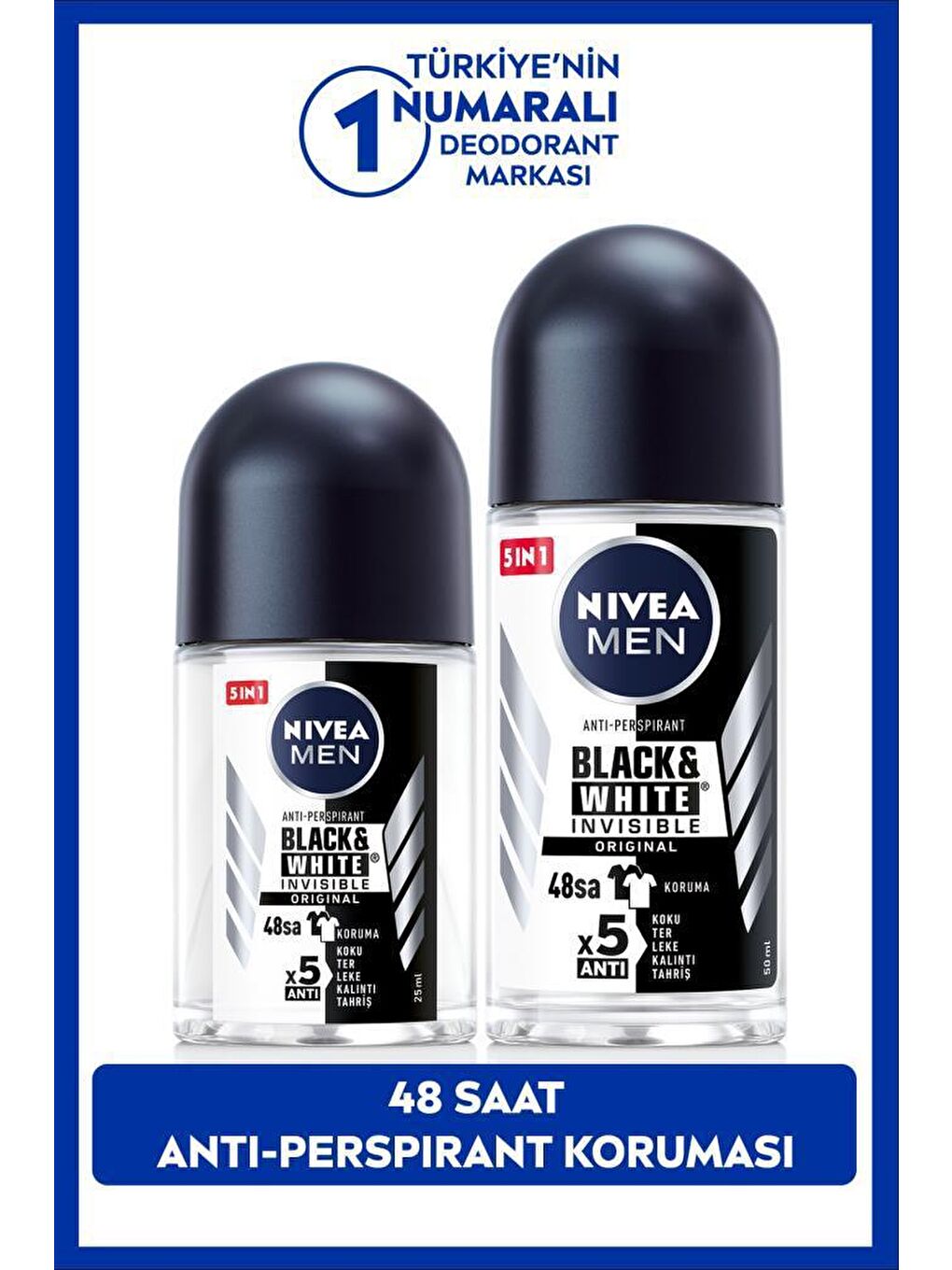 NIVEA Şeffaf MEN Erkek Roll-on Deodorant Black&White 50ml ve Mini Roll-on Black&White 25ml