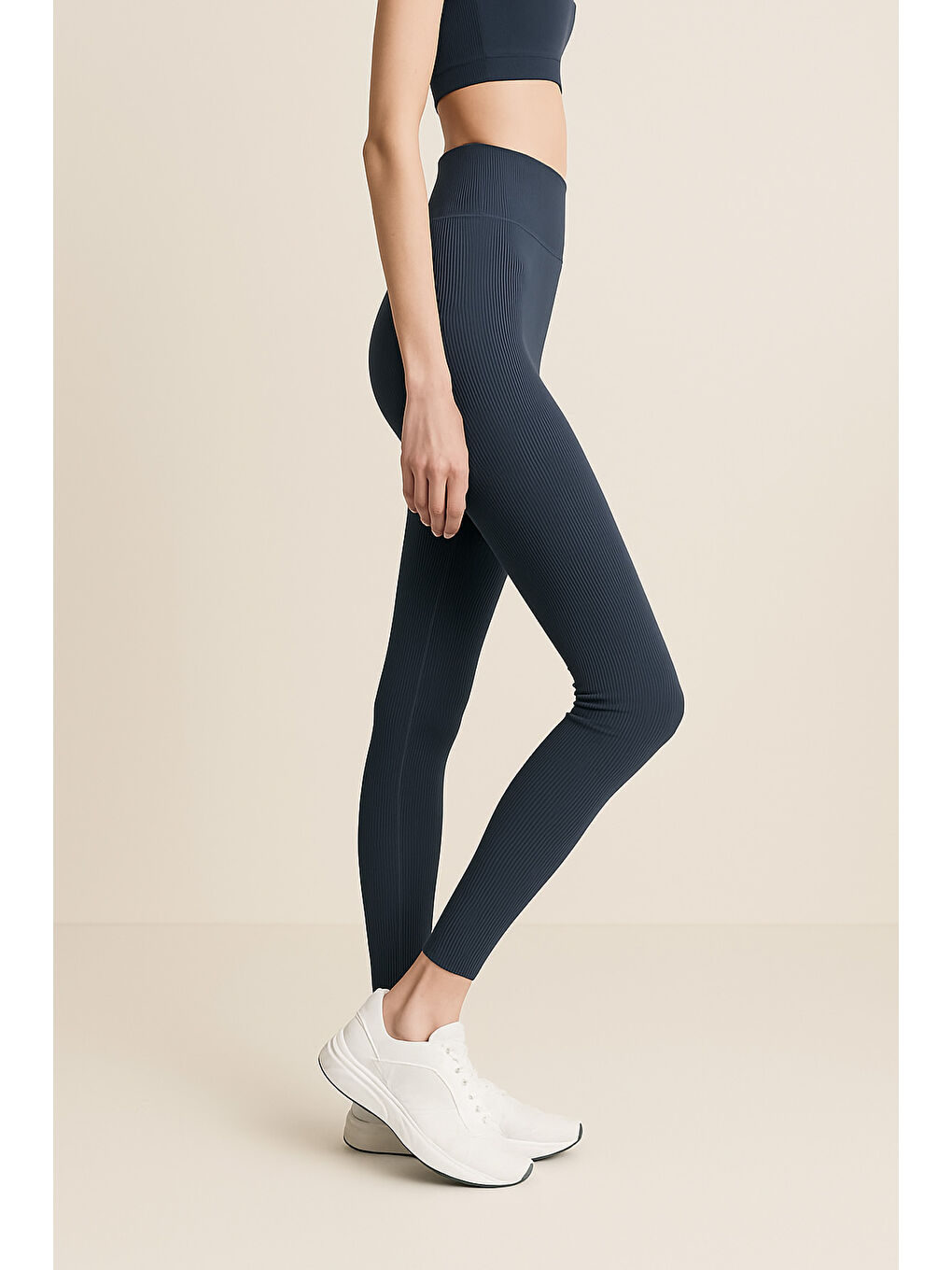 İndigo Yüksek Bel Toparlayıcı Ripli Fitilli Spor Kadın Tayt-1