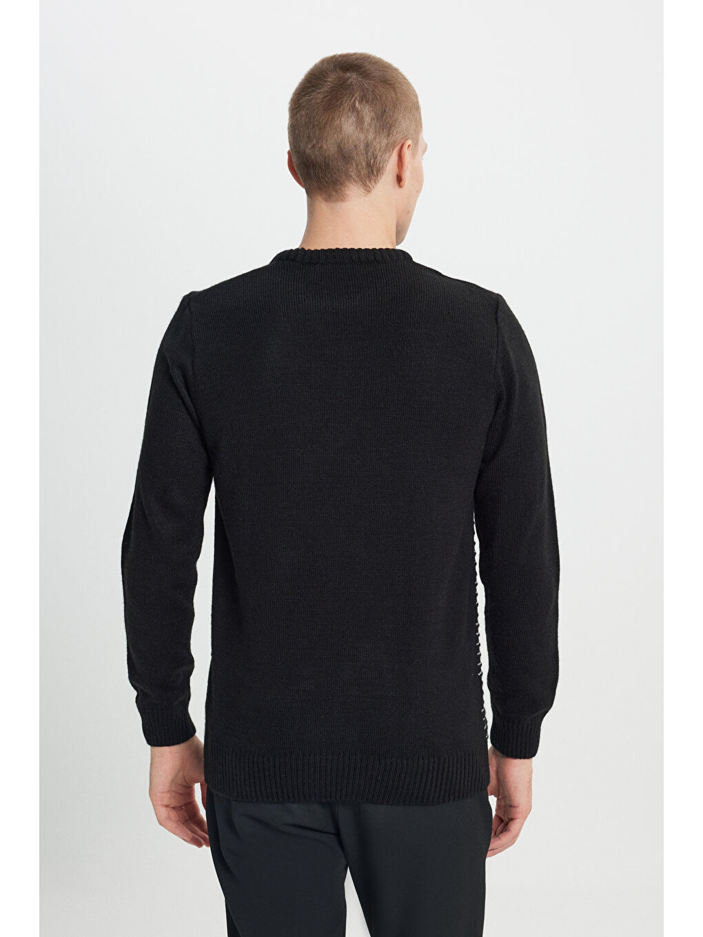 Erkek Siyah-Gri Melanj Standart Fit Normal Kesim Bisiklet Yaka Desenli Triko Kazak-5