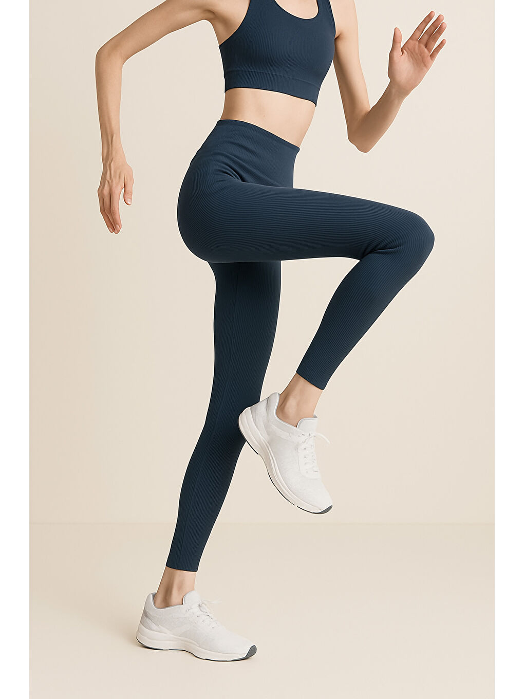 İndigo Yüksek Bel Toparlayıcı Ripli Fitilli Spor Kadın Tayt-2