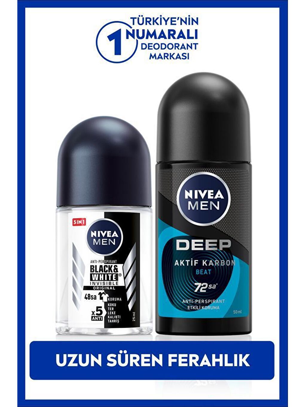 NIVEA Şeffaf MEN Erkek Roll-on Deodorant Deep Beat 50ml ve Mini Roll-on Black&White Original 25ml