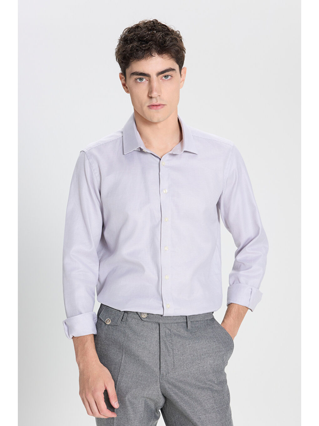 Erkek Gri-Beyaz %100 Pamuk Slim Fit Dar Kesim Klasik Yaka Kareli Gömlek