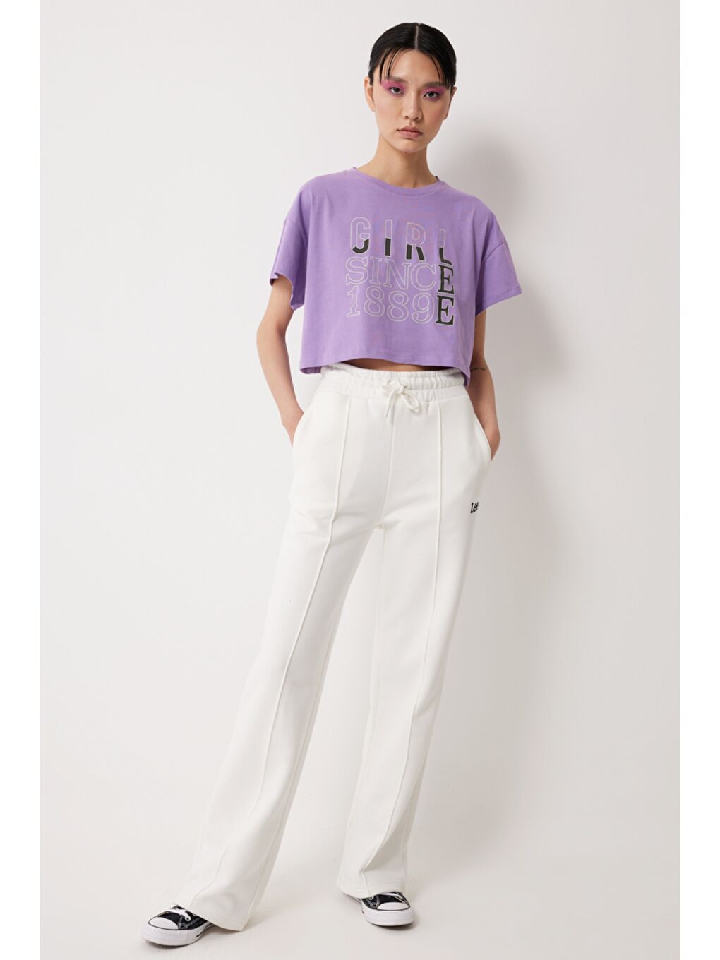 Loose Fit Rahat Kesim %100 Pamuk Bisiklet Yaka Mor Tişört-2