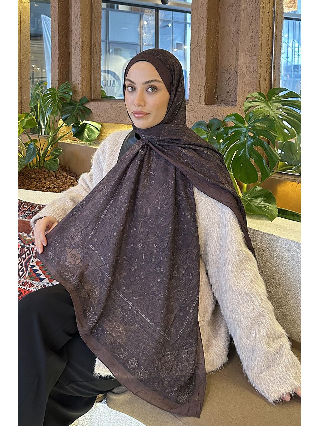 Retro Desen Bambu Şal Acı Kahverengi-1