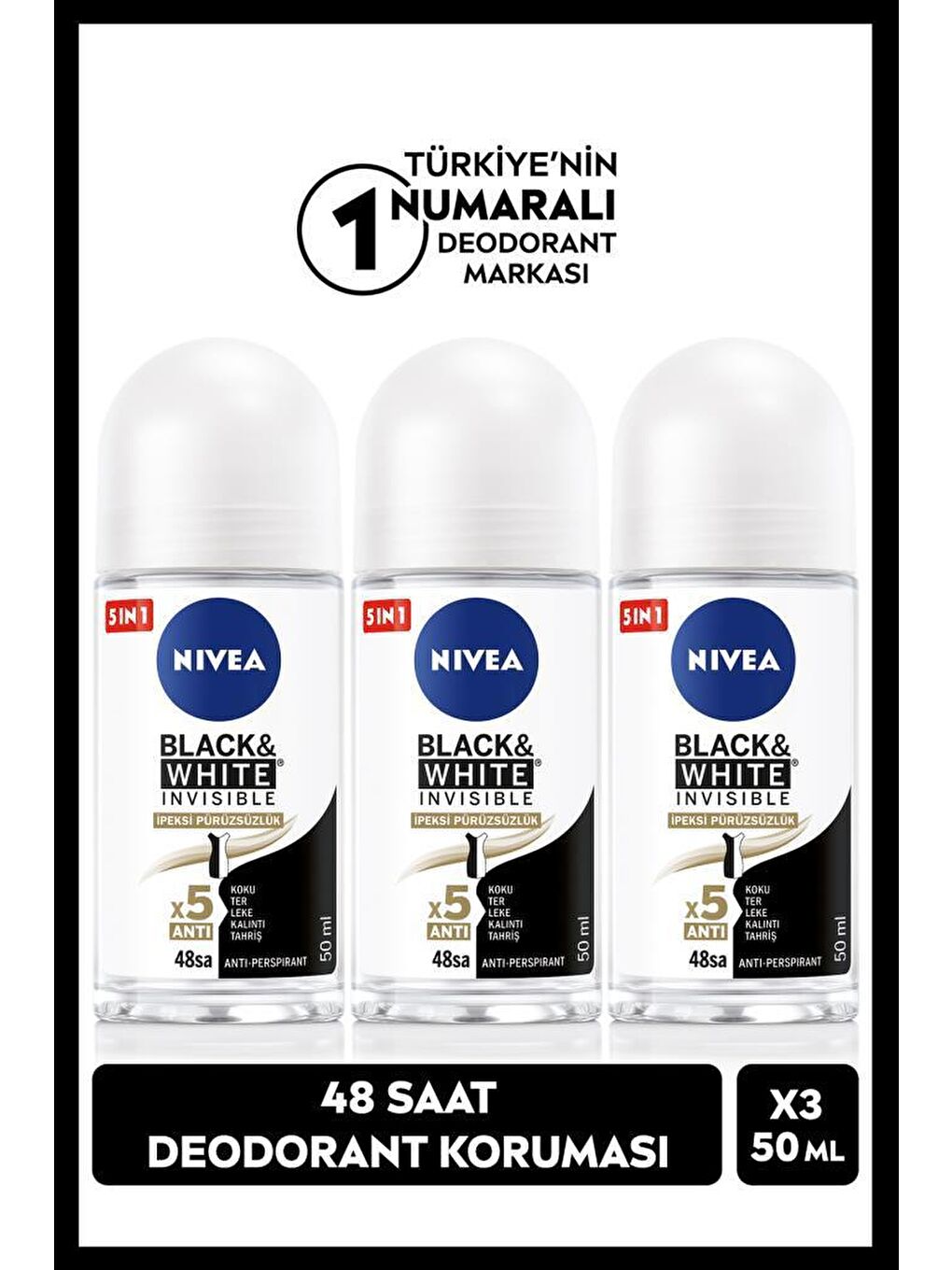 Kadın Roll-on Deodorant Black&White 50ml, 48 Saat Koruma, X3 Adet