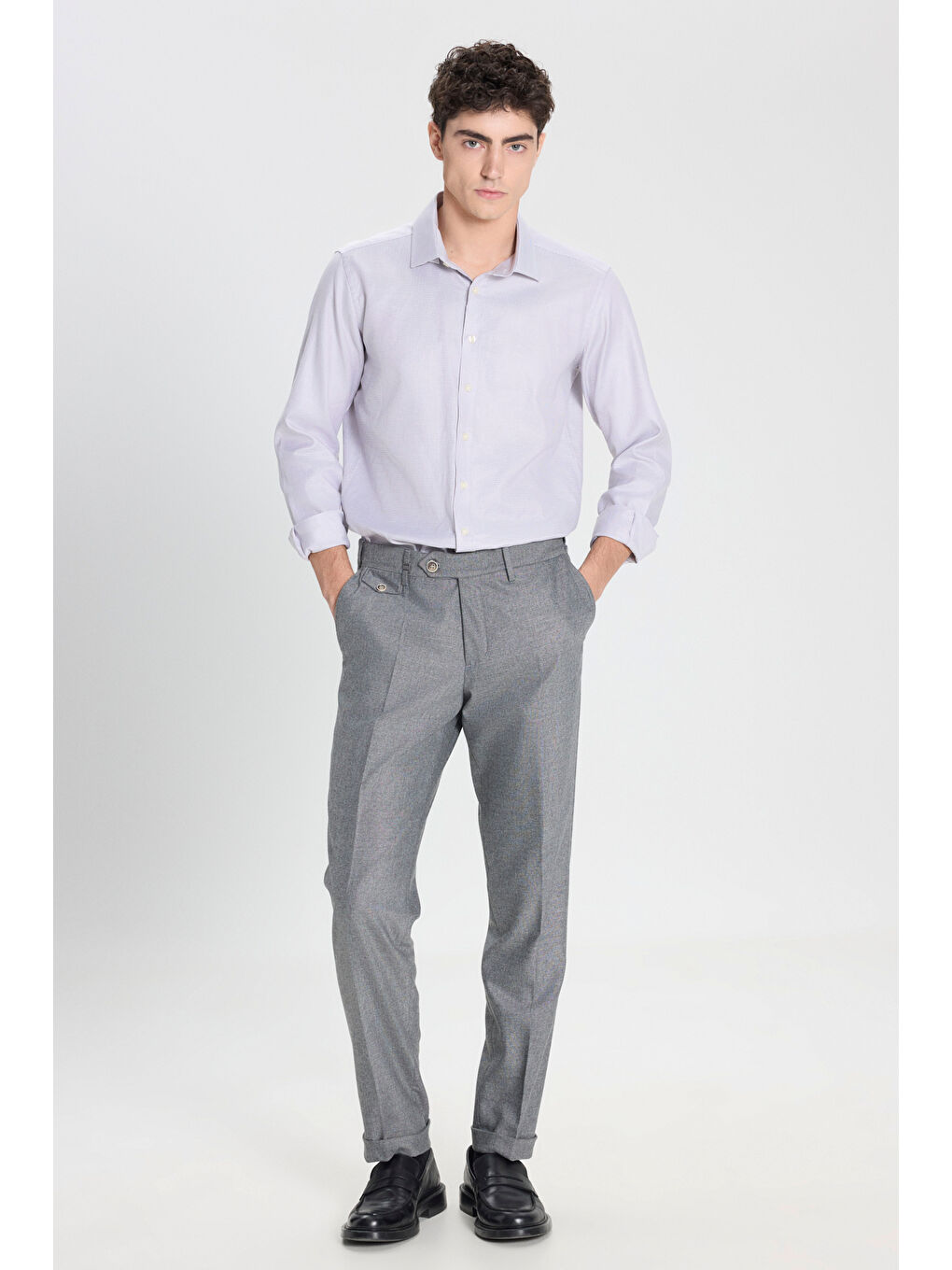 Erkek Gri-Beyaz %100 Pamuk Slim Fit Dar Kesim Klasik Yaka Kareli Gömlek-1