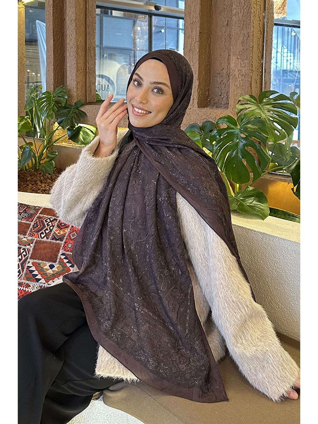 Retro Desen Bambu Şal Acı Kahverengi-2