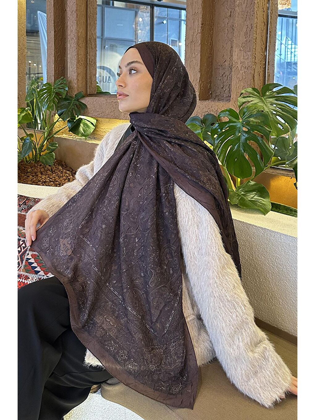 Retro Desen Bambu Şal Acı Kahverengi-3