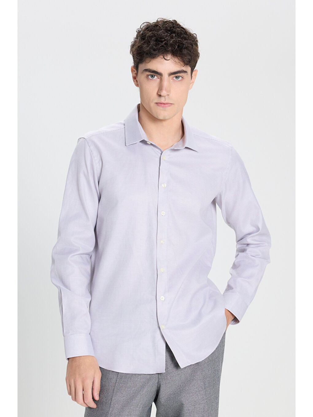 Erkek Gri-Beyaz %100 Pamuk Slim Fit Dar Kesim Klasik Yaka Kareli Gömlek-2