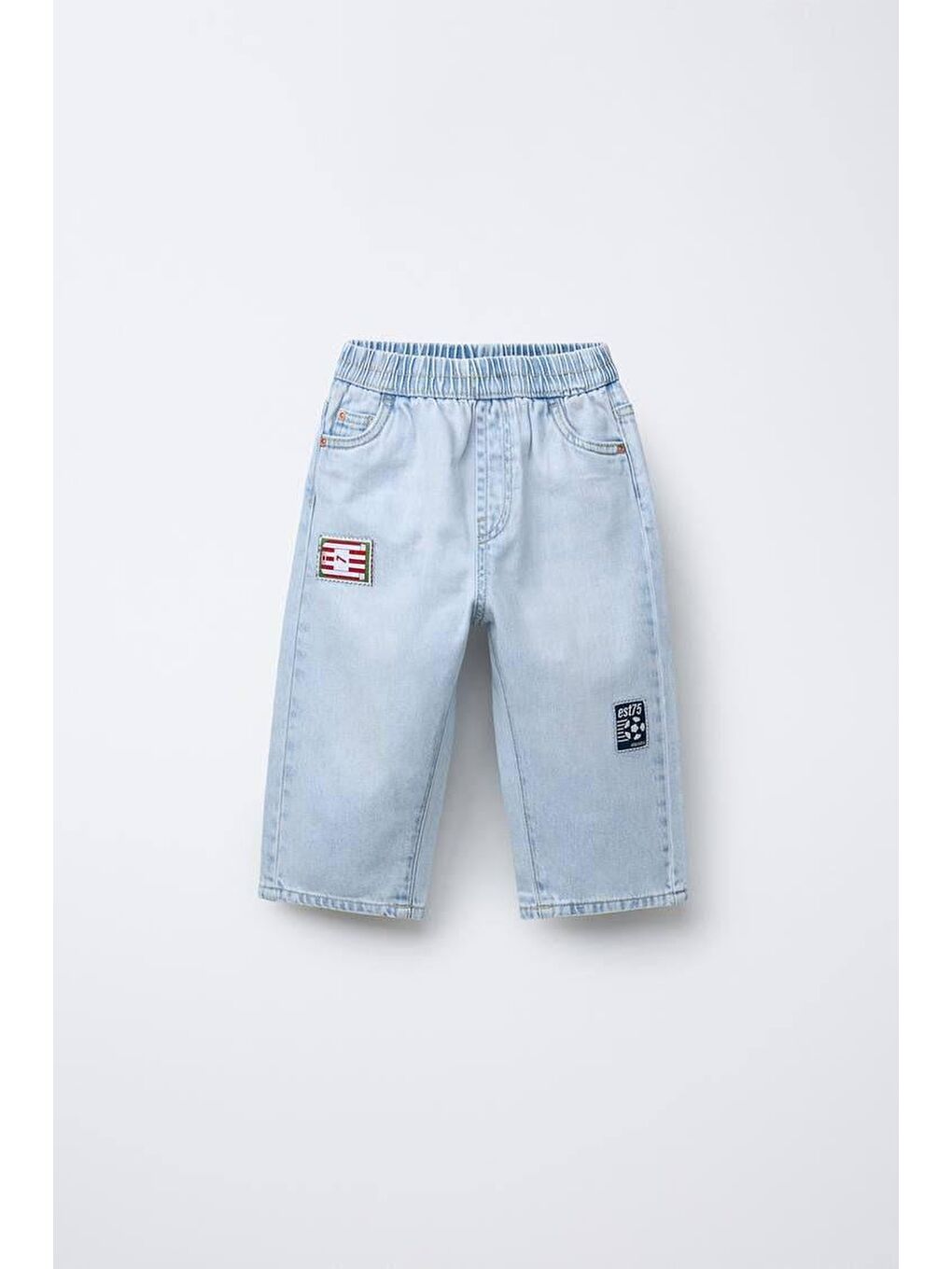 Erkek Çocuk Pamuklu Açık Mavi Nakış Detaylı Denim Oversize Pantolon - Lastikli Bel