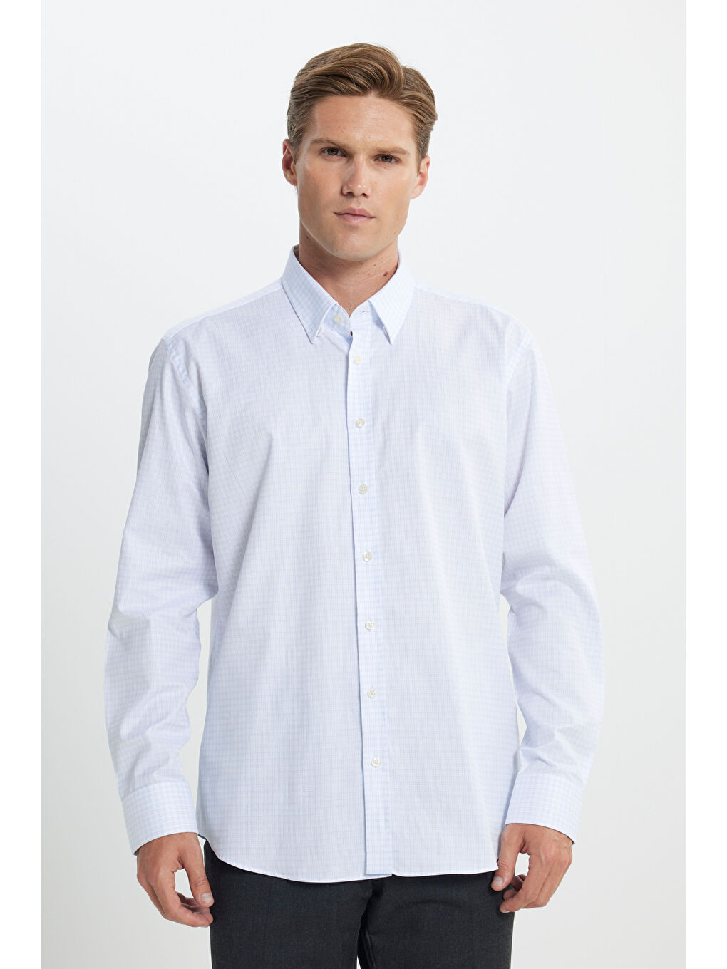Erkek Mavi-Beyaz %100 Pamuk Comfort Fit Rahat Kesim Gizli Düğmeli Yaka Kareli Gömlek-2