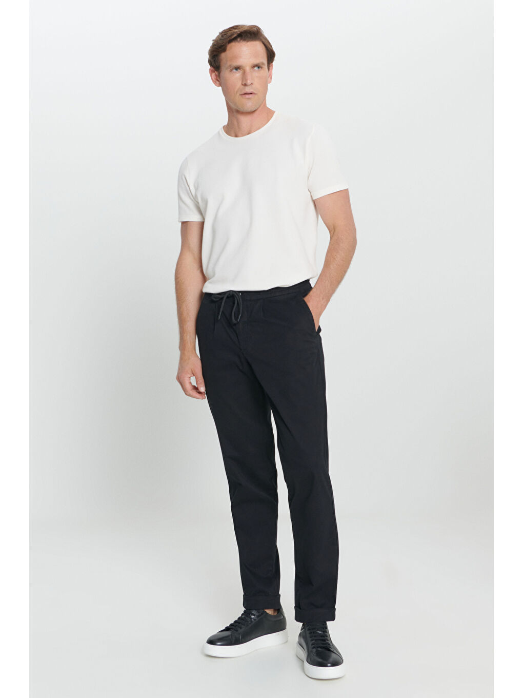 Erkek Siyah Comfort Fit Rahat Kesim Yan Cepli Pantolon-2