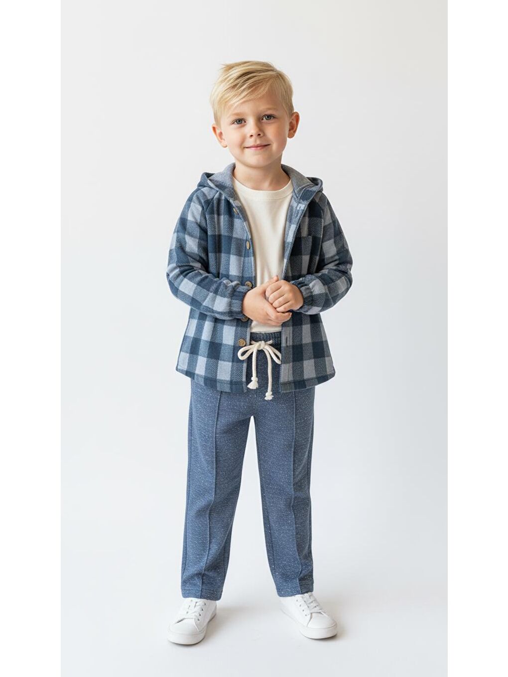 Mavi Ekoseli Kapüşonlu Gömlekli 3lü Takım