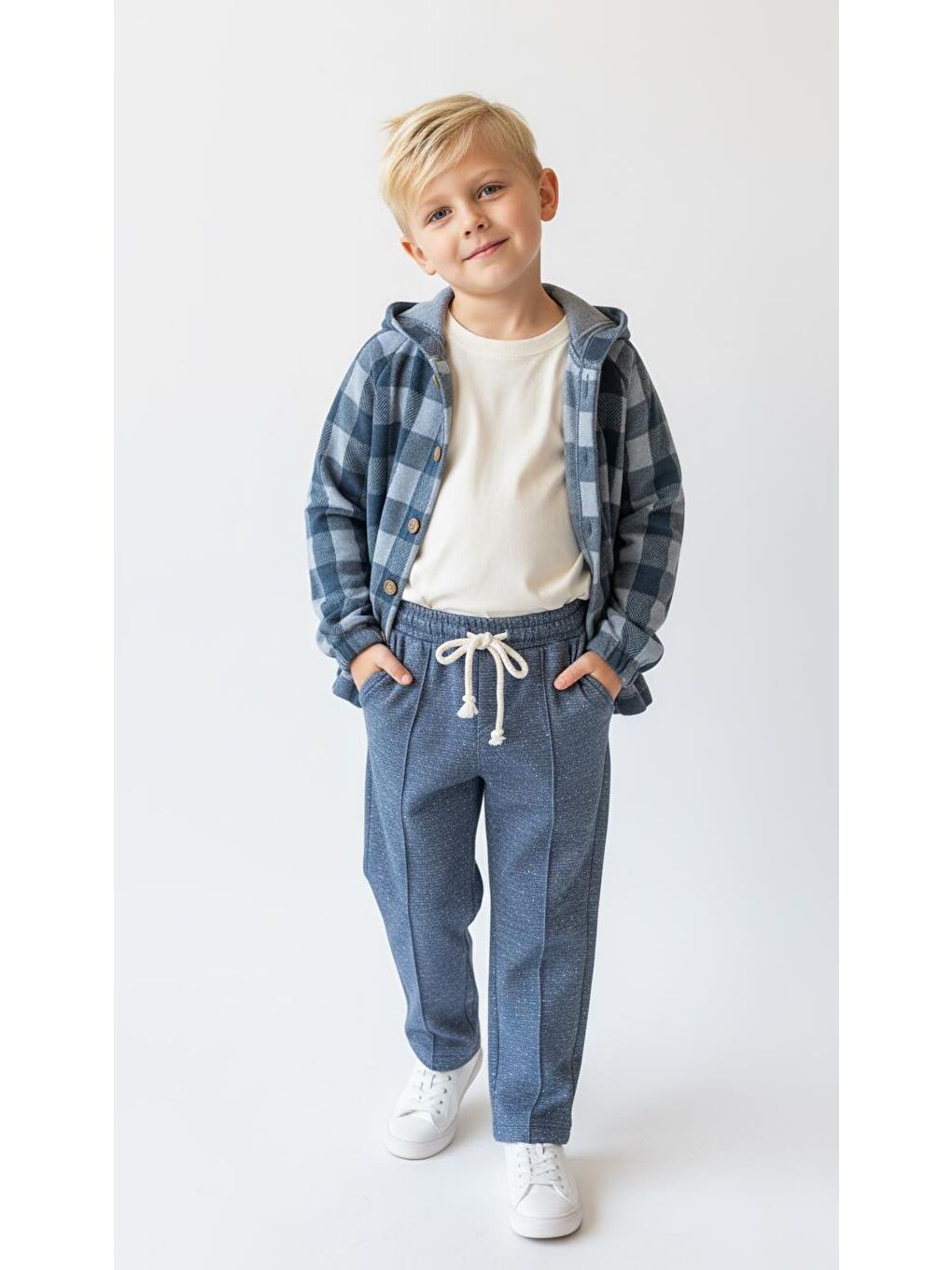 Mavi Ekoseli Kapüşonlu Gömlekli 3lü Takım-1