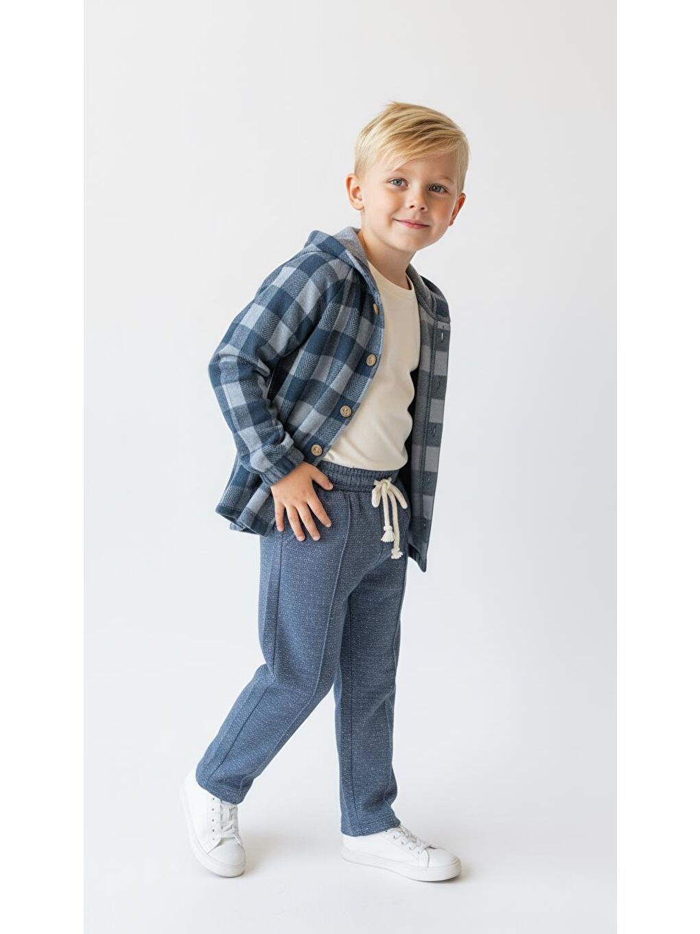 Mavi Ekoseli Kapüşonlu Gömlekli 3lü Takım-2