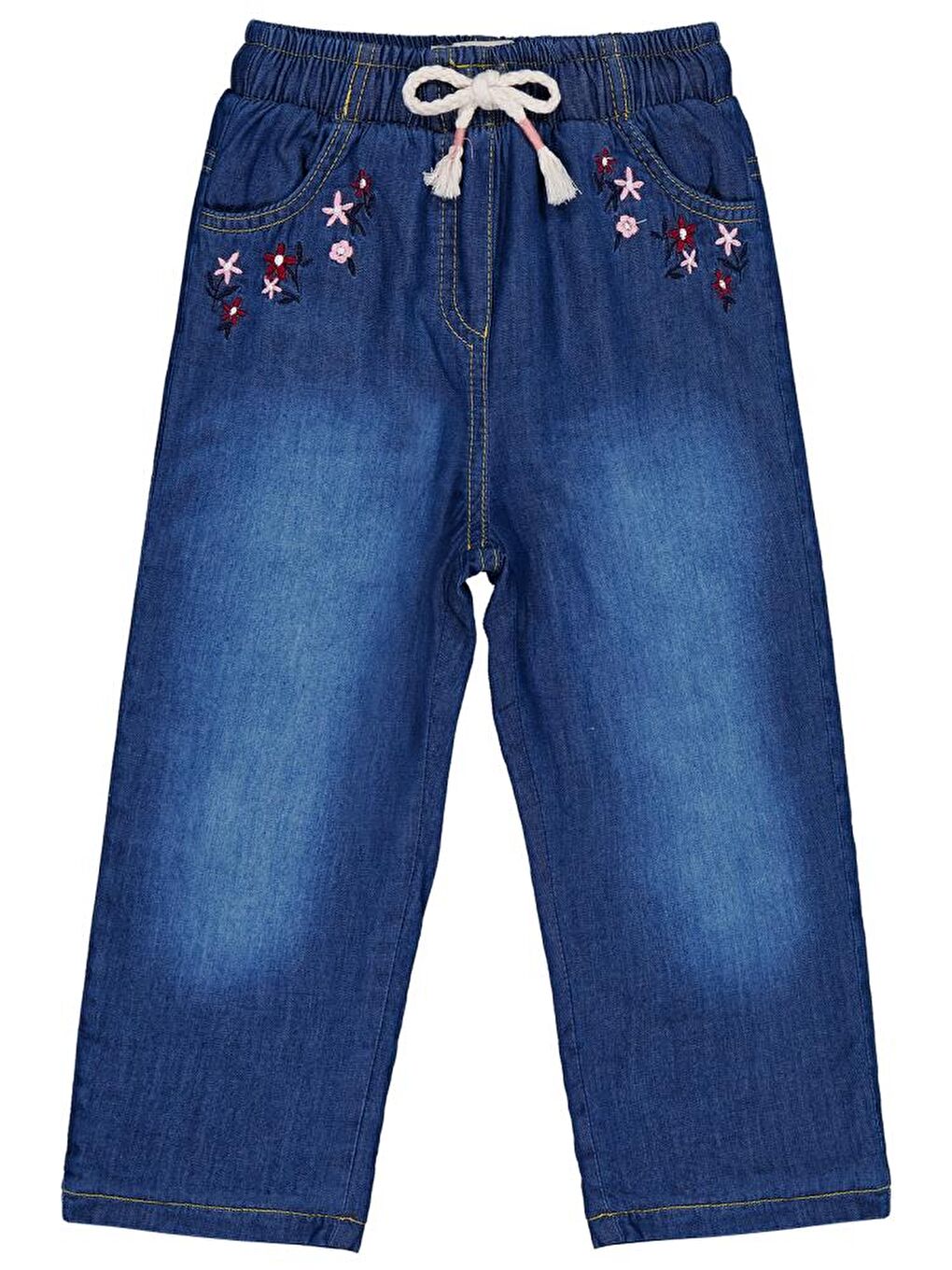 Mavi Kız Çocuk Renkli Çiçek Nakışlı 2-5 Yaş Pantolon
