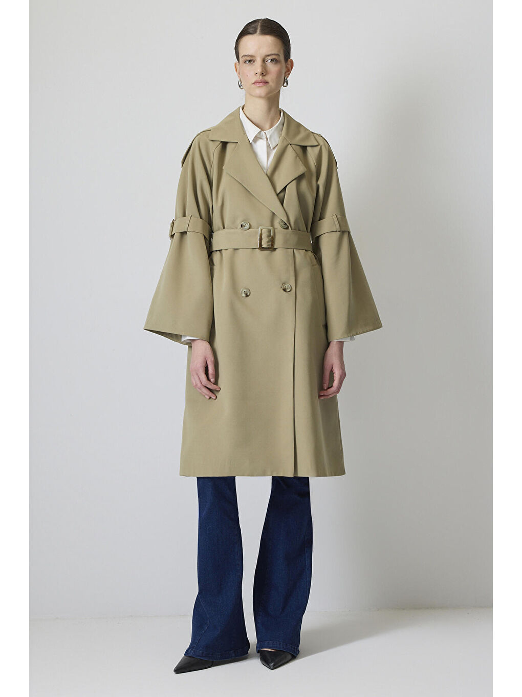 Yeşil Kol Apoletli Kemerli Trençkot