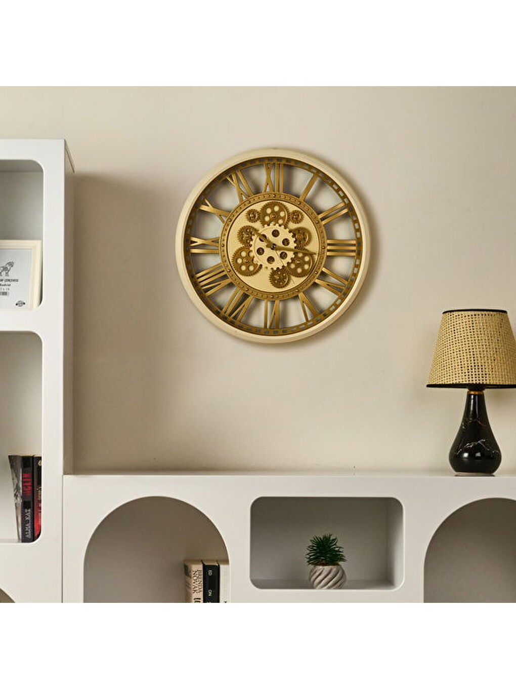 Sarı Çarklı Duvar Saati - Krem / Altın - 50 cm-3