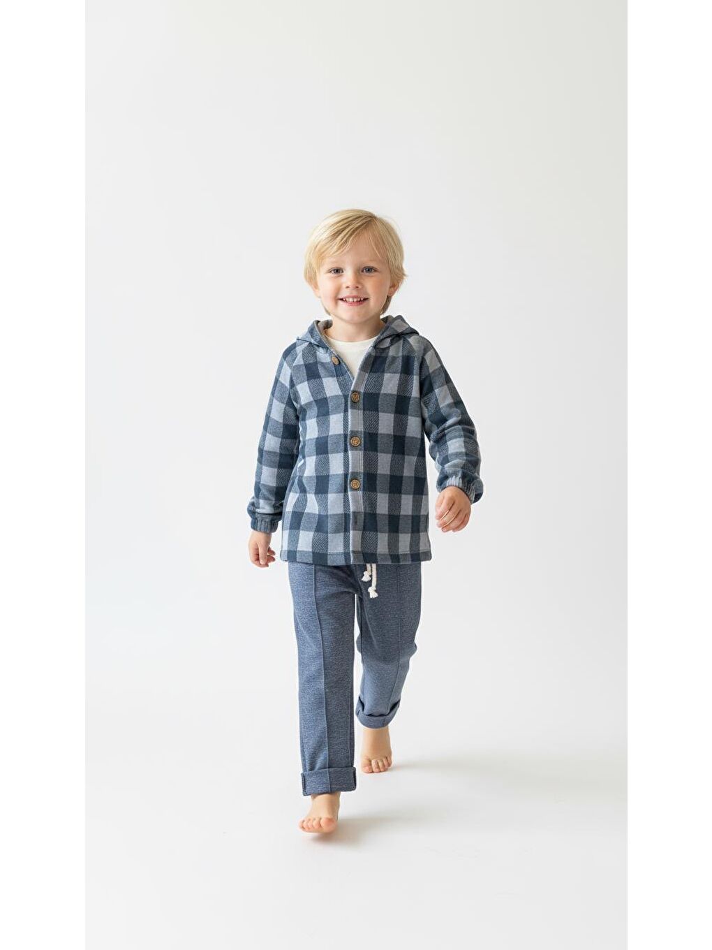 Mavi Ekoseli Kapüşonlu Gömlekli 3lü Takım-3