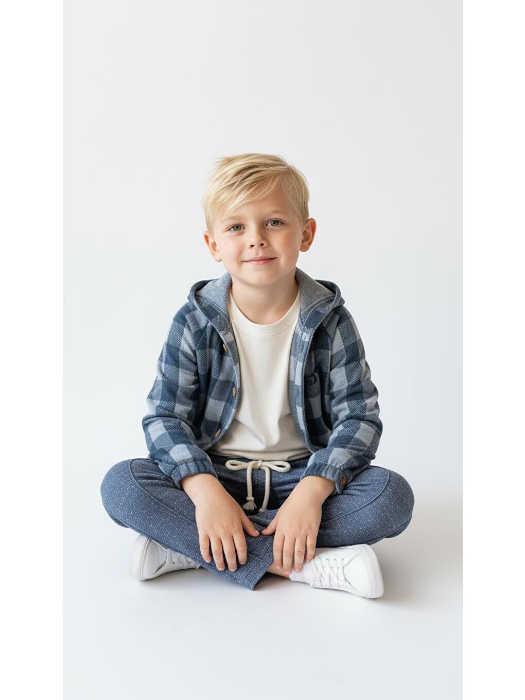 Mavi Ekoseli Kapüşonlu Gömlekli 3lü Takım-4