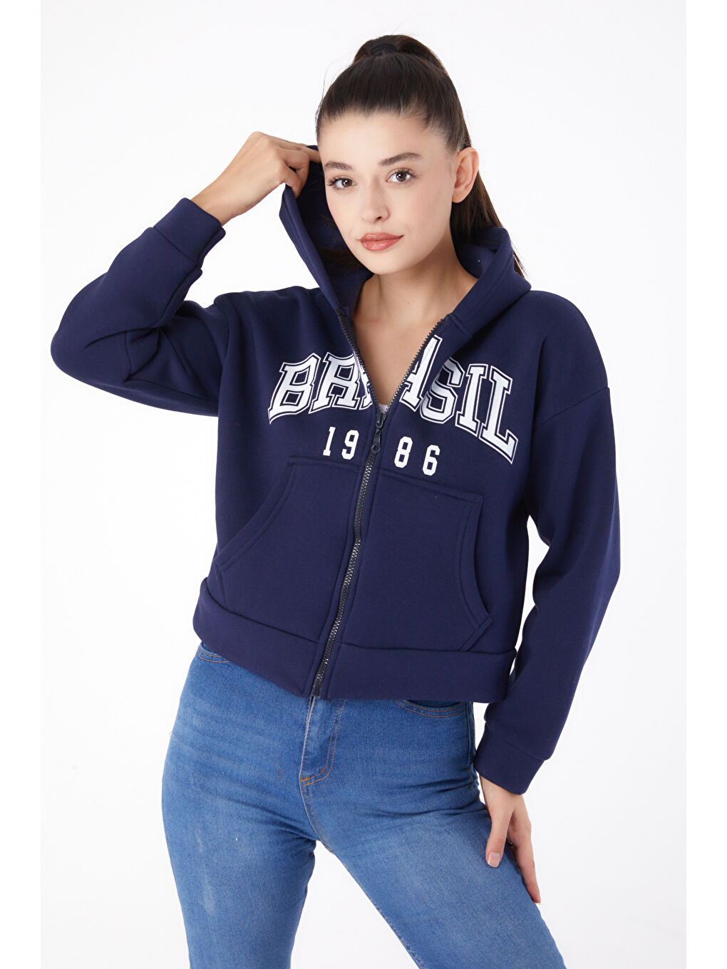 TOFİSA Düz Kapüşonlu Yaka Kadın Lacivert Fermuarlı Crop Sweatshirt   26278