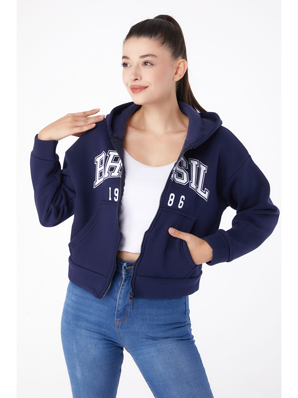 TOFİSA Düz Kapüşonlu Yaka Kadın Lacivert Fermuarlı Crop Sweatshirt   26278 - 1