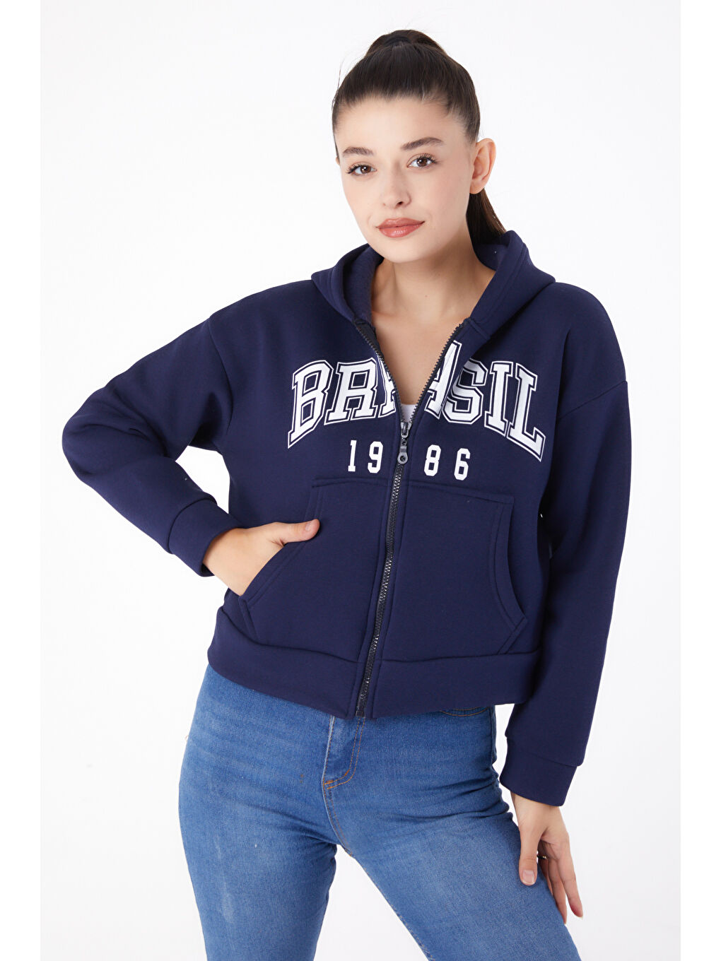 TOFİSA Düz Kapüşonlu Yaka Kadın Lacivert Fermuarlı Crop Sweatshirt   26278 - 2