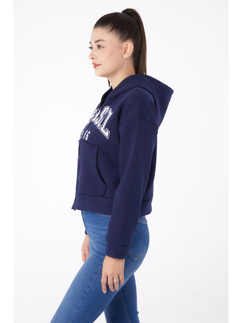 TOFİSA Düz Kapüşonlu Yaka Kadın Lacivert Fermuarlı Crop Sweatshirt   26278 - 3