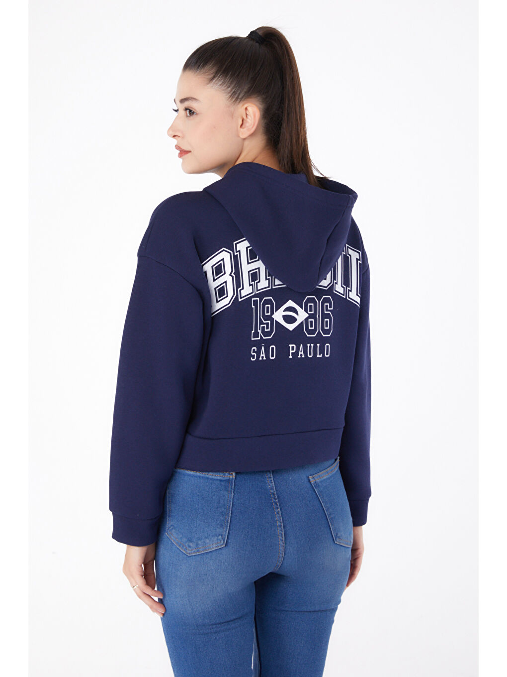 TOFİSA Düz Kapüşonlu Yaka Kadın Lacivert Fermuarlı Crop Sweatshirt   26278 - 4