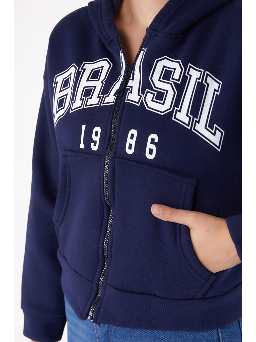 TOFİSA Düz Kapüşonlu Yaka Kadın Lacivert Fermuarlı Crop Sweatshirt   26278 - 5