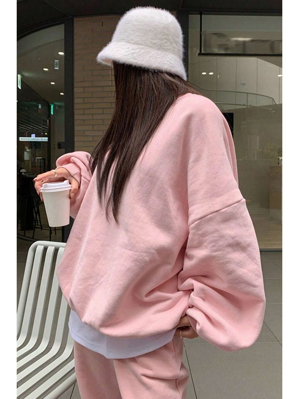 Trendseninle Pembe Kadın Toz Pembe Düz Bisiklet Yaka Bol Kesim Sweatshirt