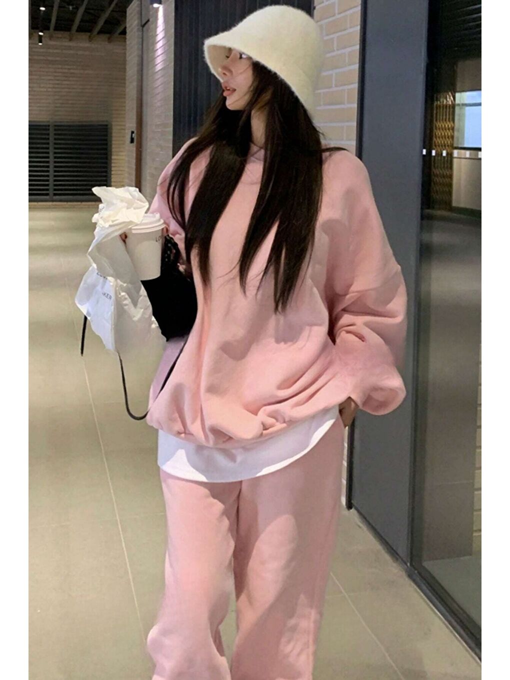 Trendseninle Pembe Kadın Toz Pembe Düz Bisiklet Yaka Bol Kesim Sweatshirt - 3