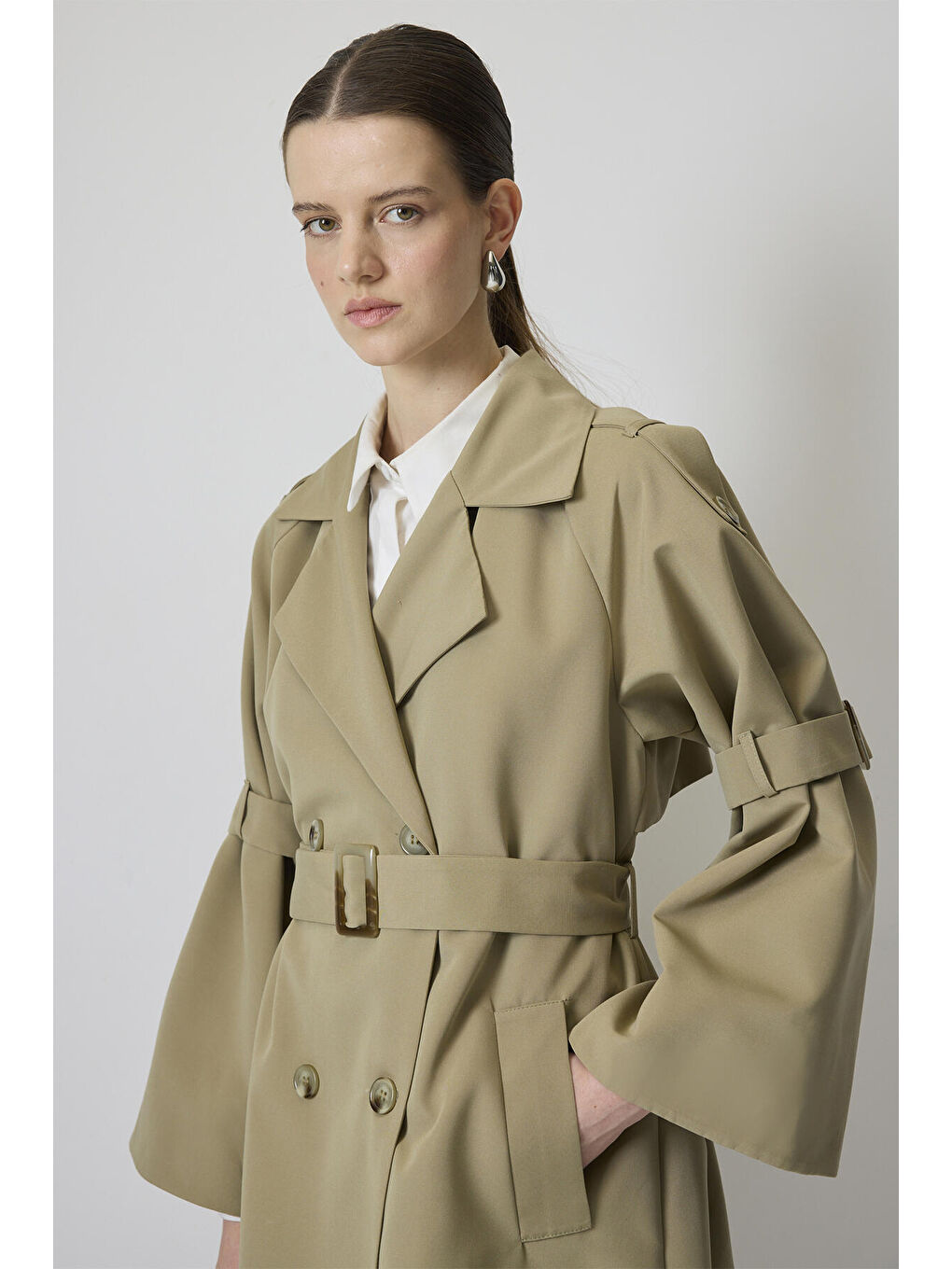 Yeşil Kol Apoletli Kemerli Trençkot-1