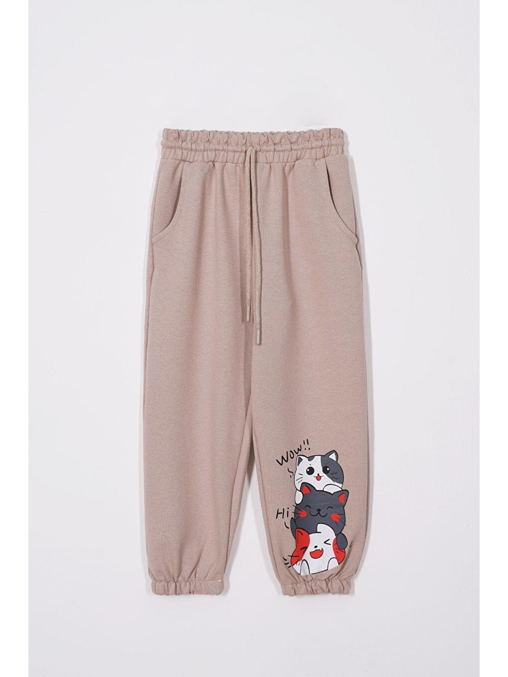 Bej Sevimli Kedicikler Baskılı Taş Renk Kız Çocuk Eşofman Tek Alt