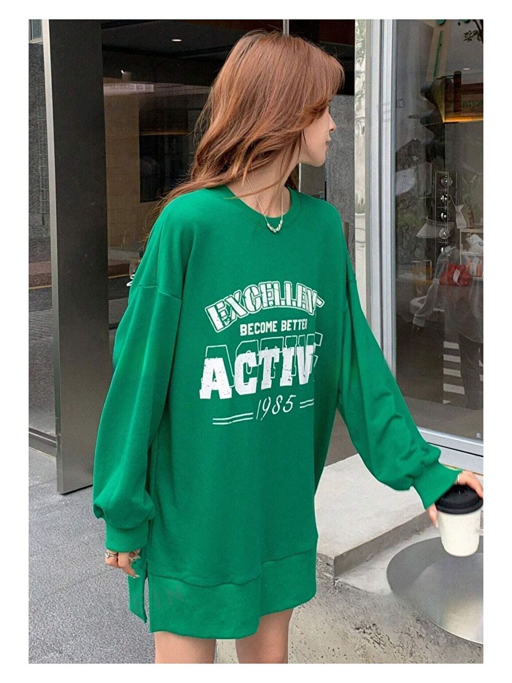 Trendseninle Yeşil Kadın Yeşil Excellent Baskılı Oversize Bisiklet Yaka Uzun Sweatshirt