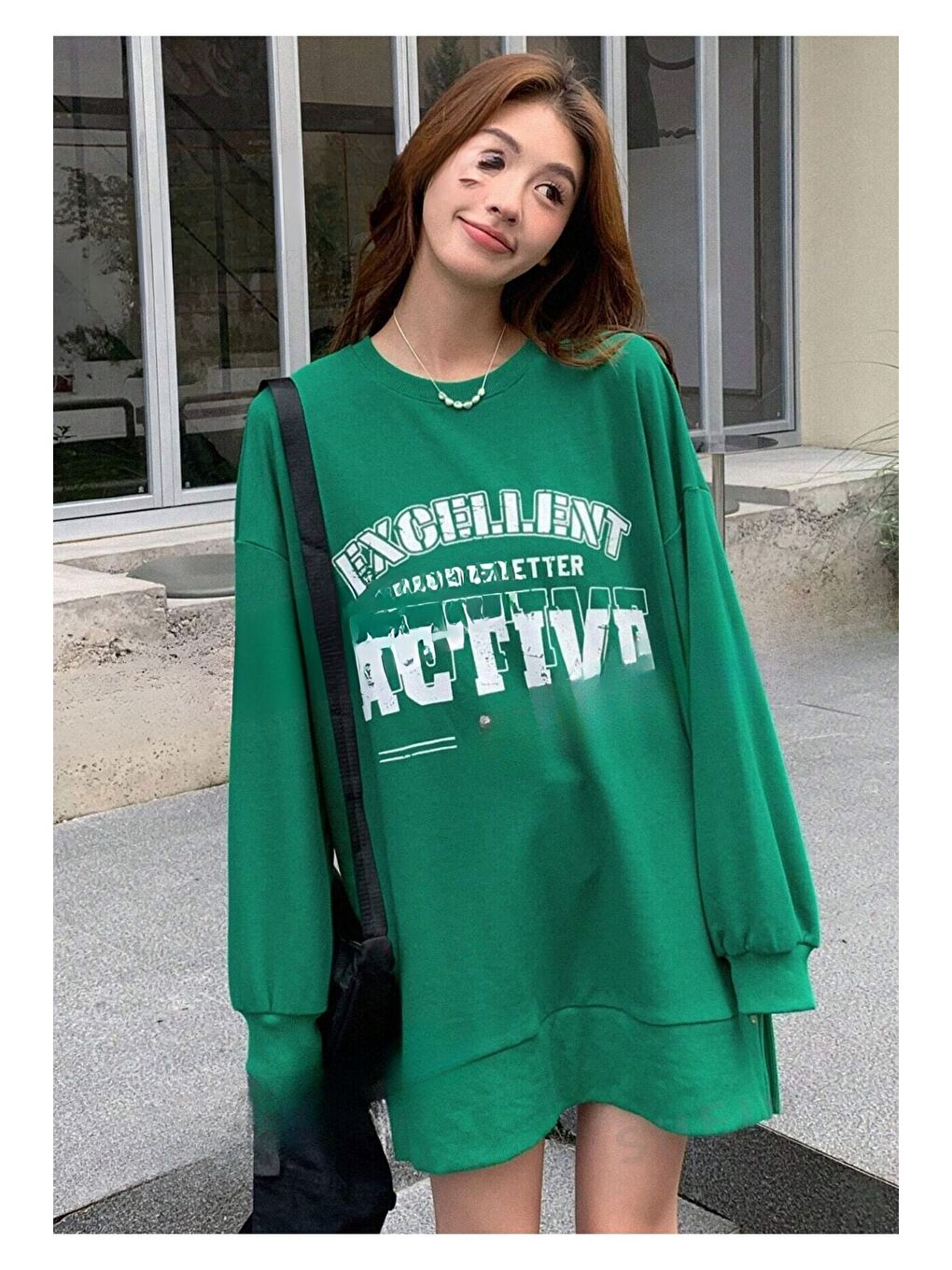 Trendseninle Yeşil Kadın Yeşil Excellent Baskılı Oversize Bisiklet Yaka Uzun Sweatshirt - 3