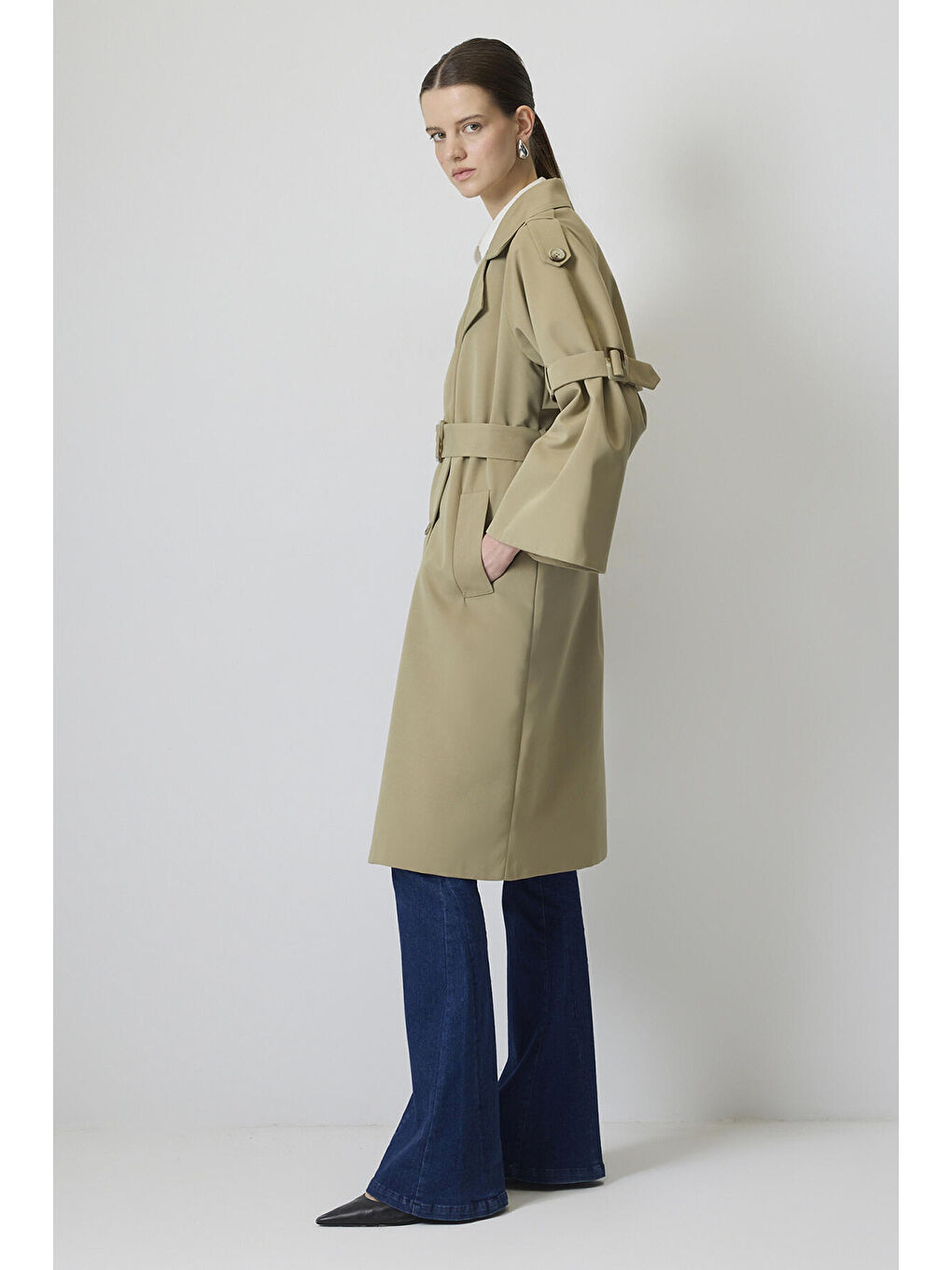 Yeşil Kol Apoletli Kemerli Trençkot-2