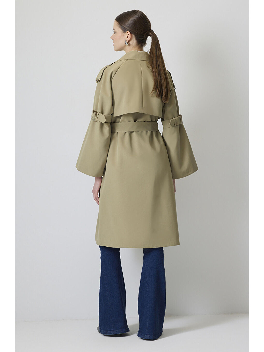 Yeşil Kol Apoletli Kemerli Trençkot-3