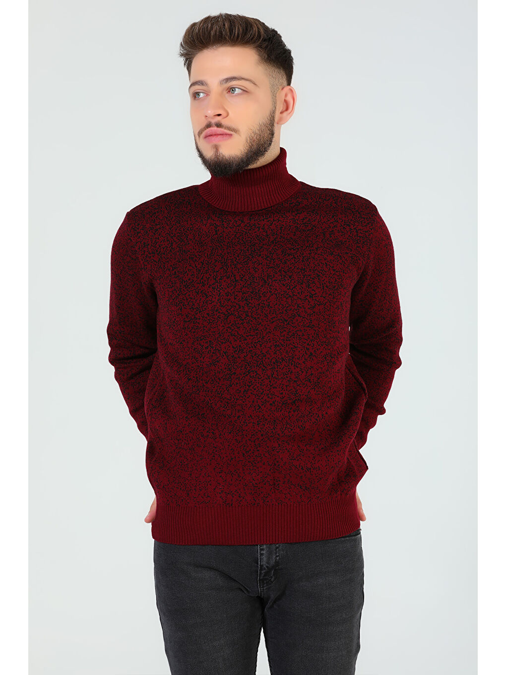 Bordo Erkek Balıkçı Yaka Desenli Triko Kazak-1